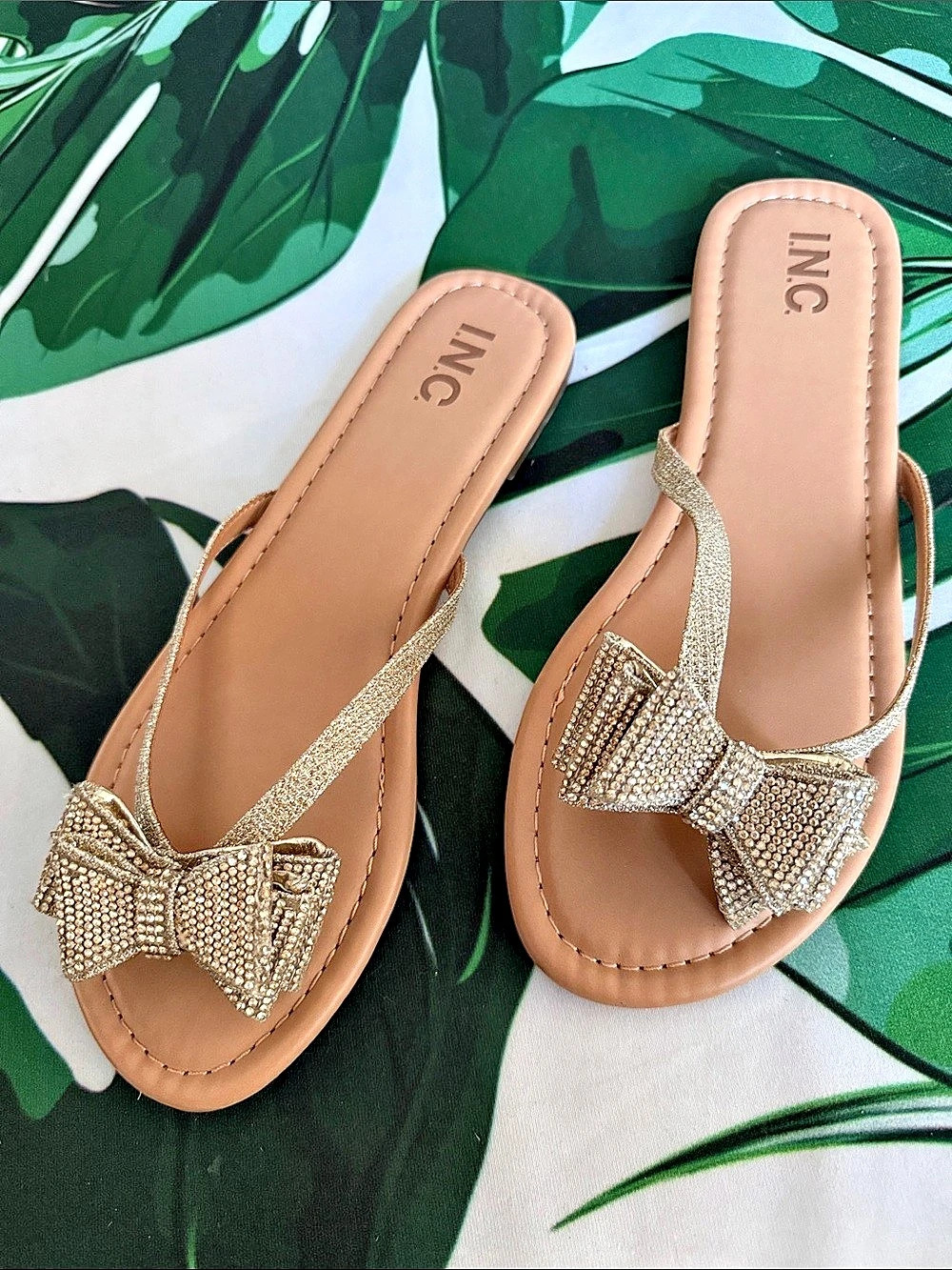 INC Bow Embellished Flat Sandals in Tan & Gold